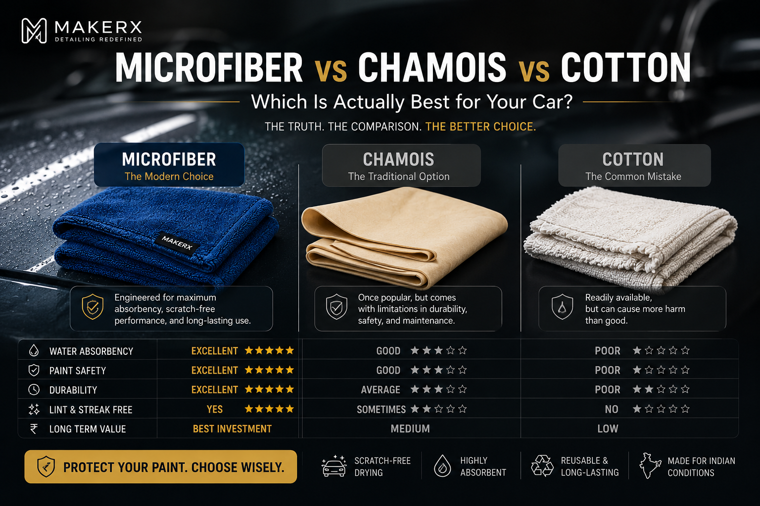 Microfiber vs chamois vs cotton comparison for car drying, showing absorbency, paint safety, durability, and why microfiber is the best choice for vehicle care