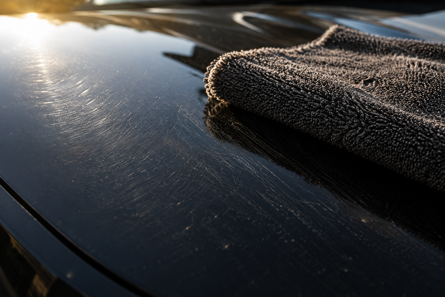 Close-up of swirl marks and micro-scratches visible on dark car paint in sunlight caused by incorrect washing technique