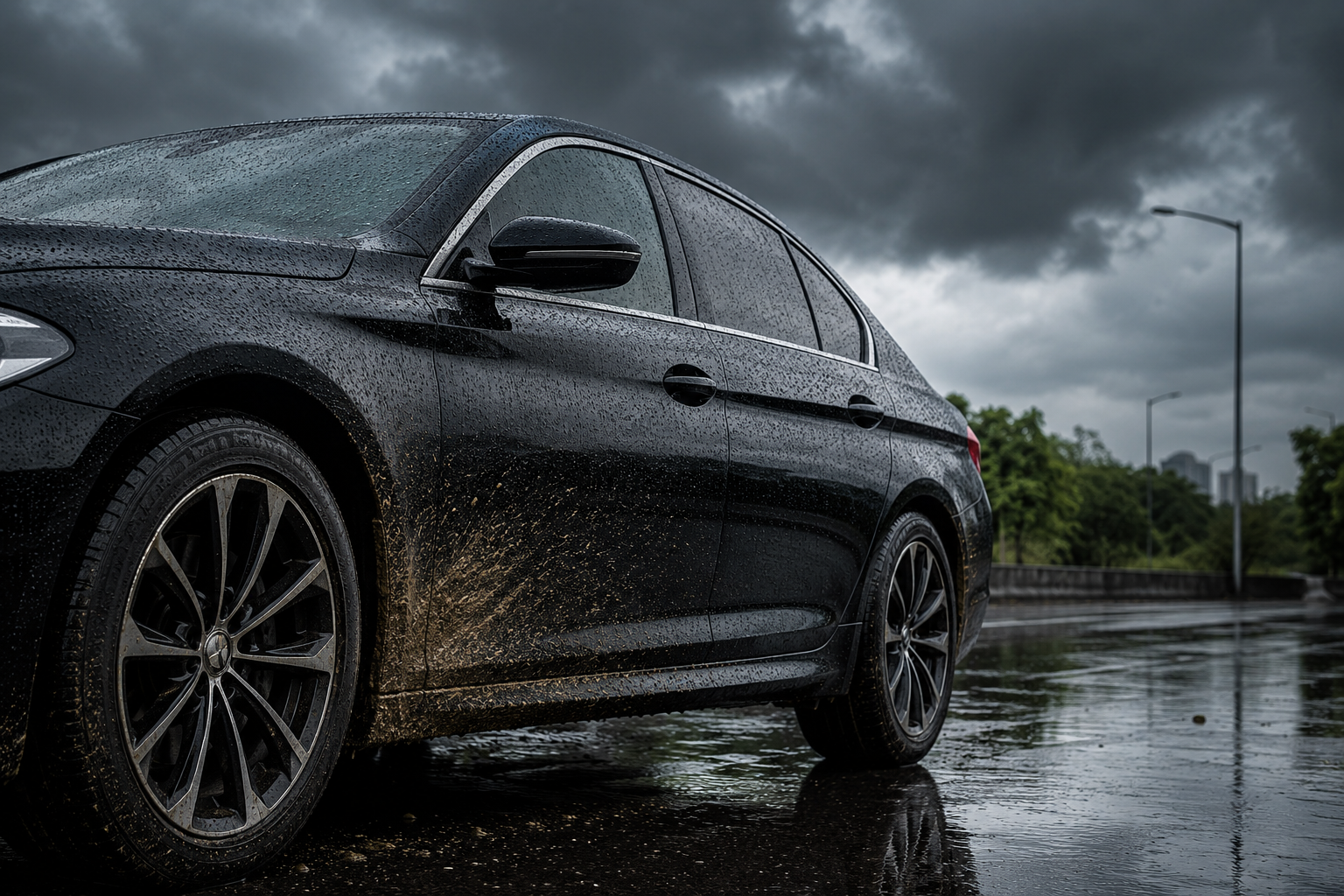 Car parked in heavy Indian monsoon rain with water beading off a ceramic-coated paint surface showing hydrophobic protection