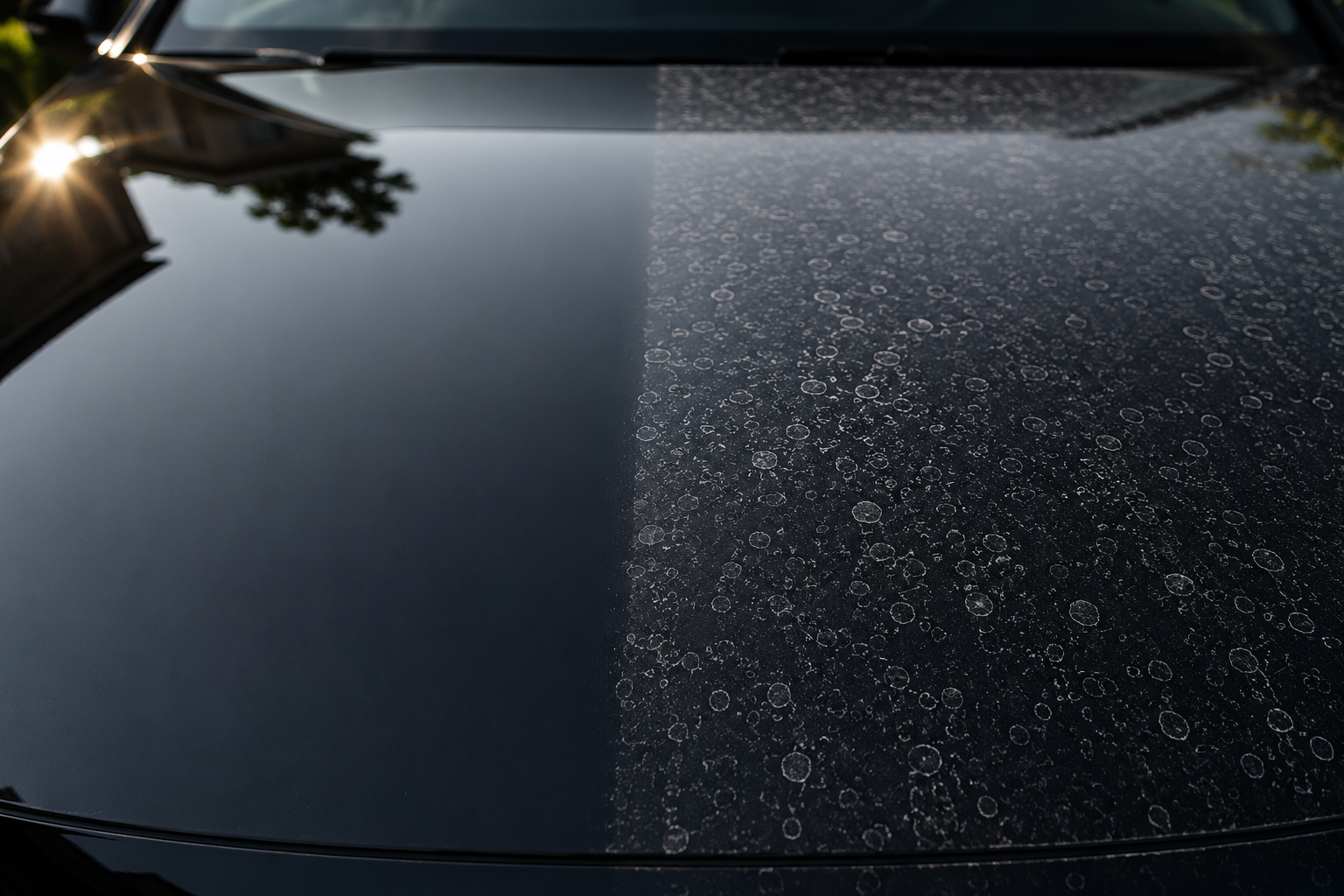 Hard water mineral deposits and white water spots visible on dark car paint surface in sunlight — common problem in Delhi Rajasthan and North India