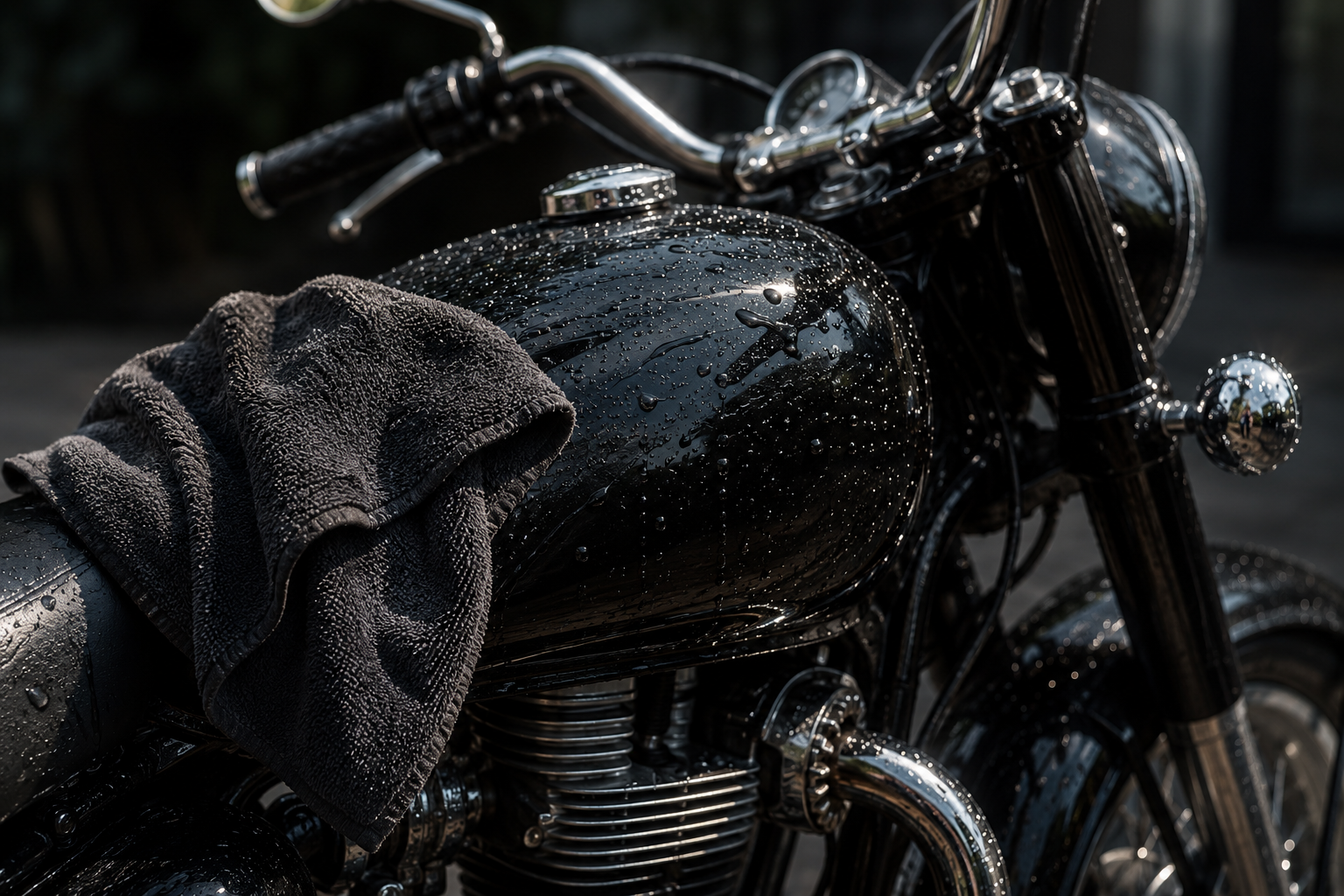 Person washing a motorcycle with a soft microfiber wash mitt using the two-bucket method to protect paint chrome and plastic panels