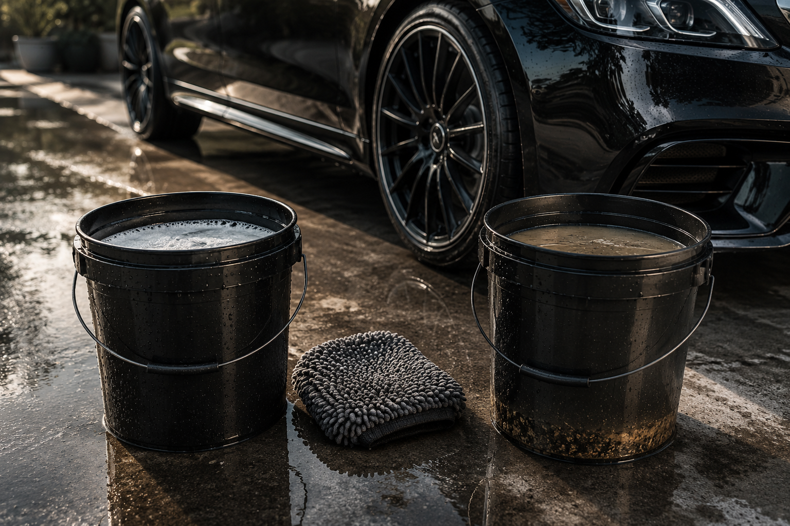Two car wash buckets set up for the two-bucket method — one with soapy water and one clean rinse bucket with a grit guard to prevent paint scratches