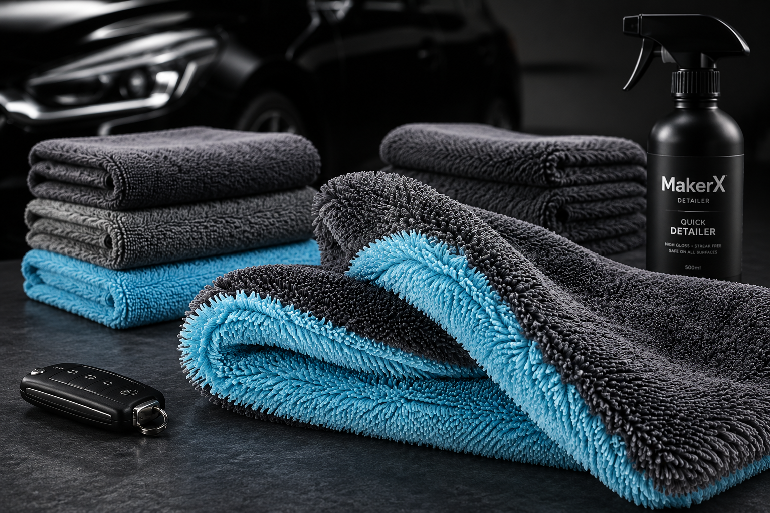 Curated selection of premium microfiber towels of different GSM ratings on a dark surface with a car key and detailing spray bottle — MakerX India 2026 buyer's guide