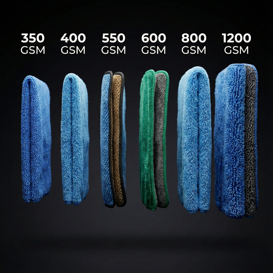 Four MakerX microfiber towels of different GSM ratings arranged side by side showing varying pile thickness from 400 to 1200 GSM