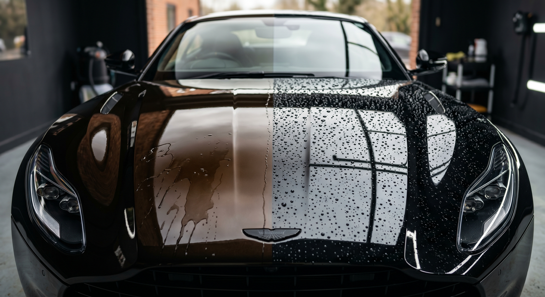 Ceramic coating vs car wax comparison — water beading on ceramic coated paint surface versus wax protected paint in India