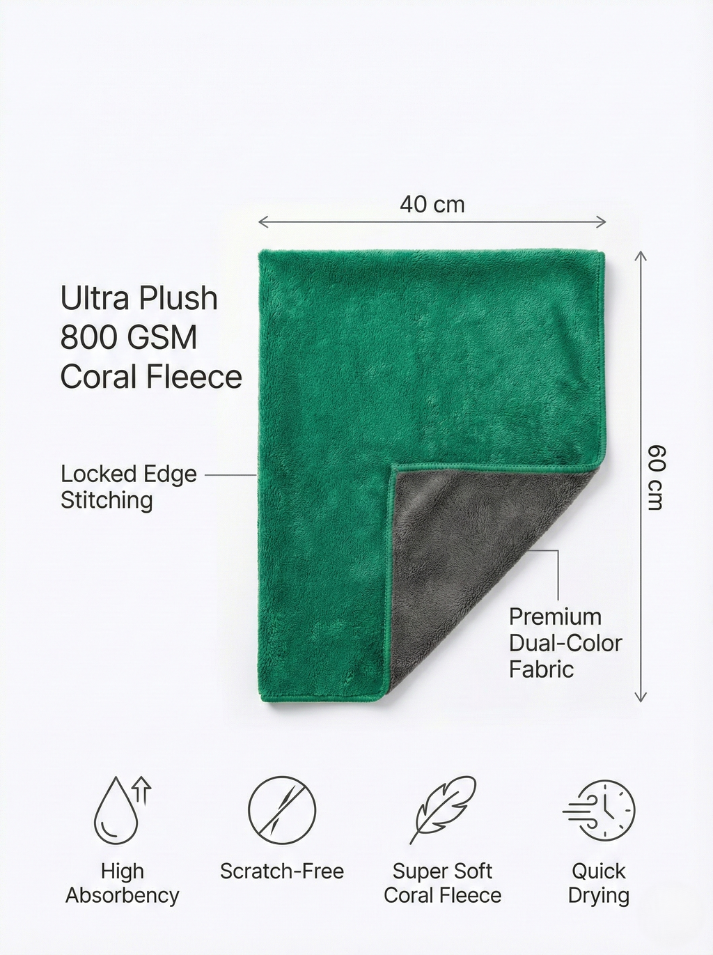 MakerX™ 800 GSM Premium Microfiber Towel (40×60 cm, XL, Locked Edge)