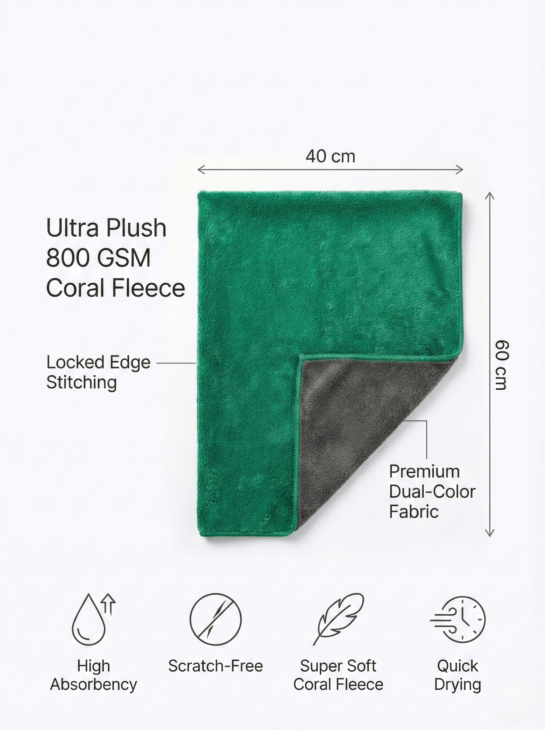 MakerX™ 800 GSM Premium Microfiber Towel (40×60 cm, XL, Locked Edge)