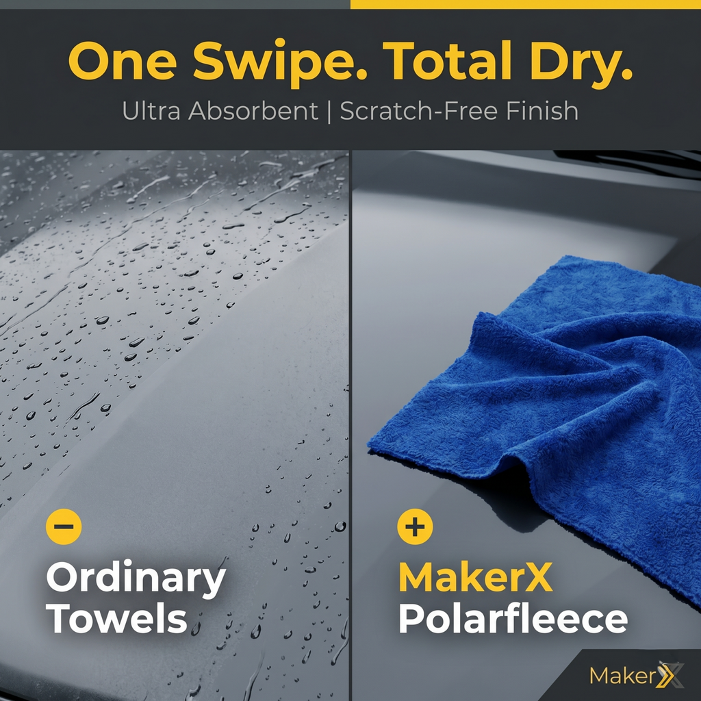 Comparison of ordinary towels and MakerX Polarfleece towel on a wet surface with text 'One Swipe. Total Dry.'