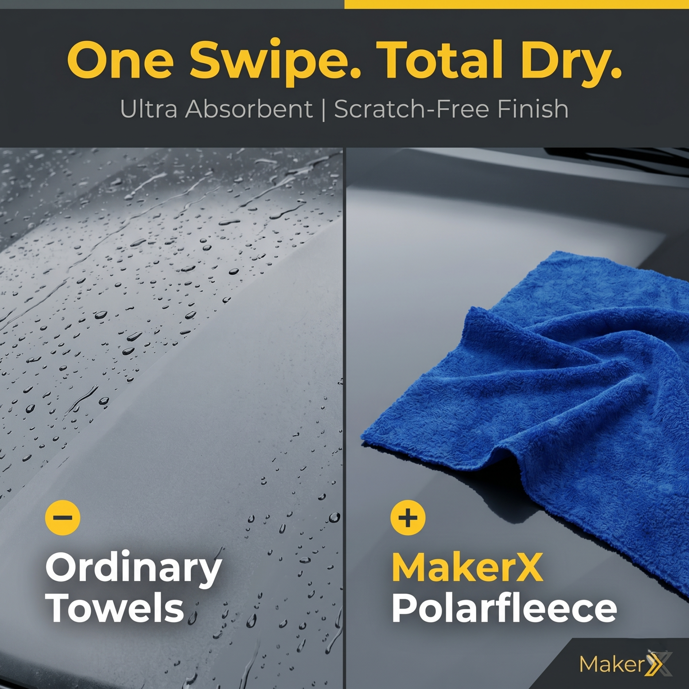 Comparison of ordinary towels and MakerX Polarfleece towel on a wet surface with text 'One Swipe. Total Dry.'