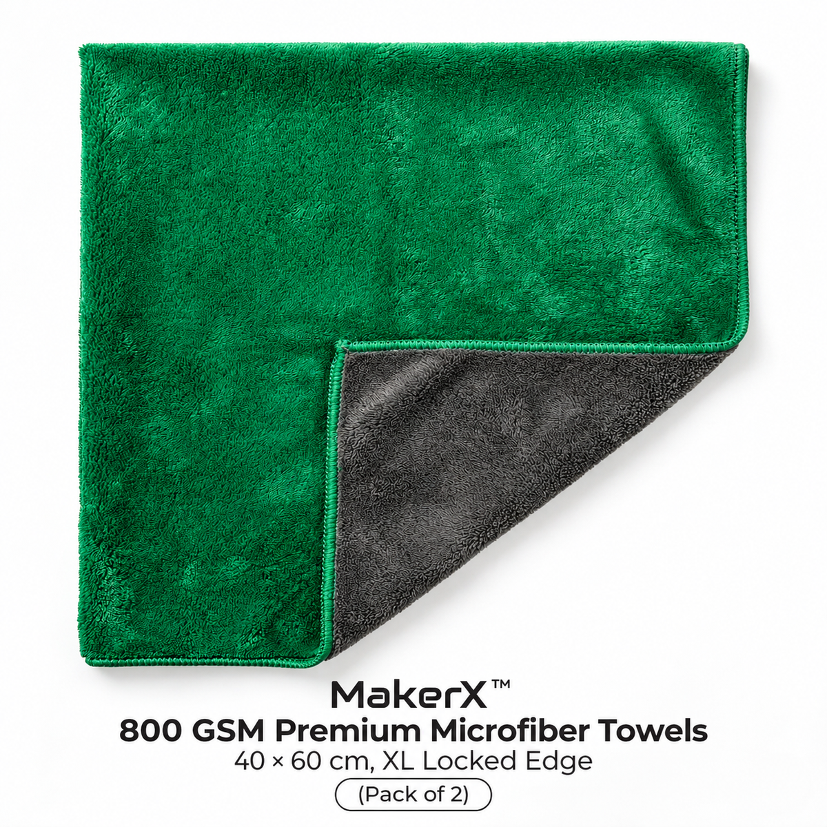 MakerX™ 800 GSM Premium Microfiber Towels — 40×60 cm, XL Locked Edge (Pack of 2)